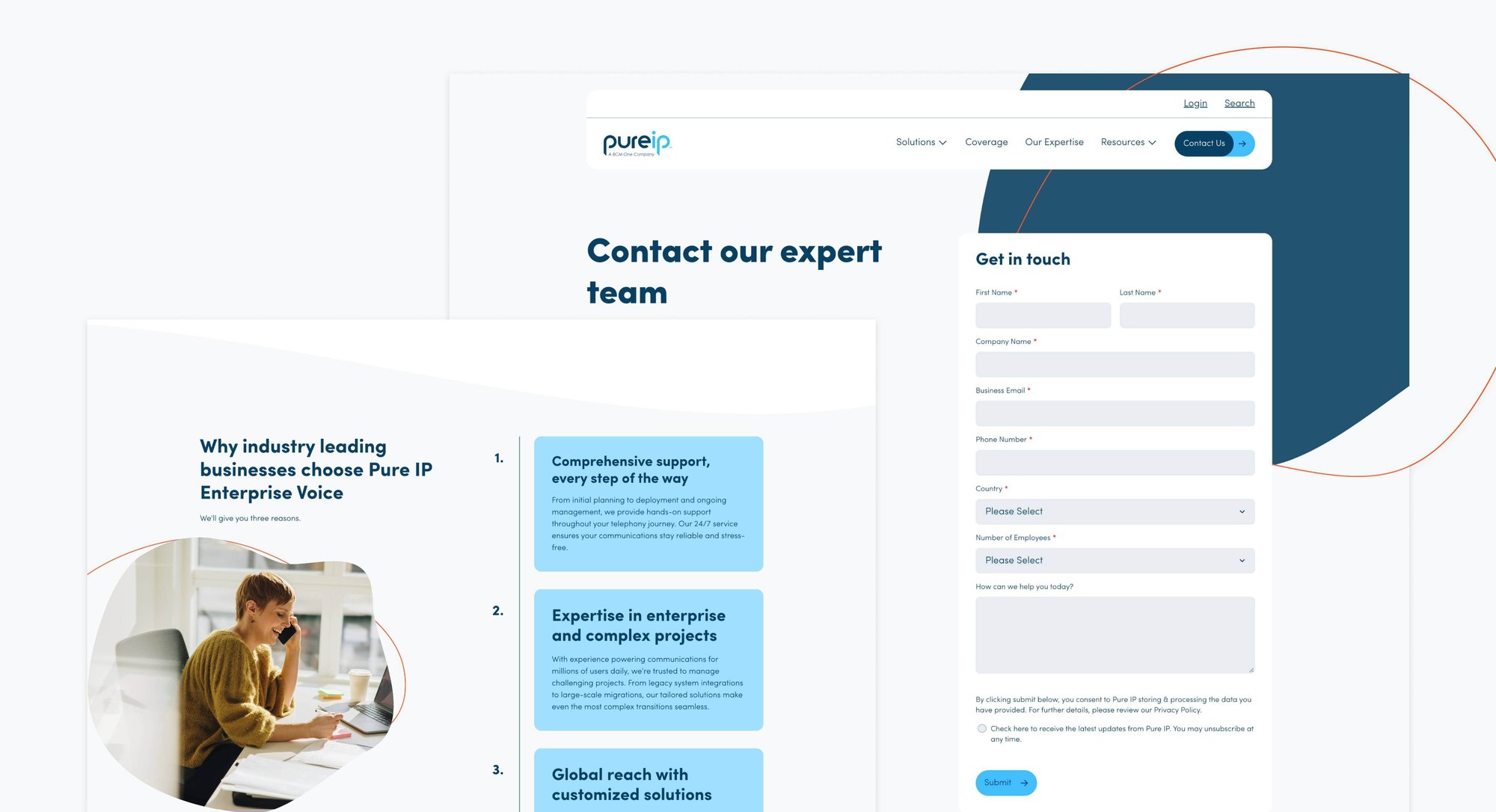 The steps card module and contact page on PureIP's website